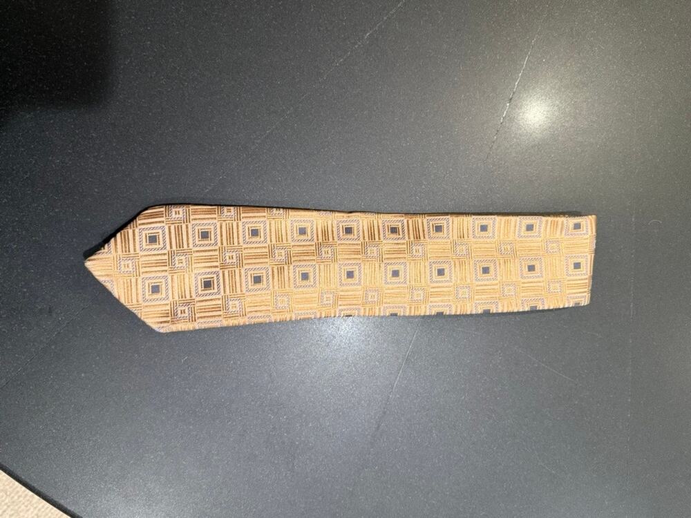 Canali Men’s Silk Tie Gold Tan Blue Geometric Made in Italy Luxury Designer